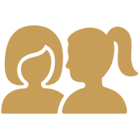 Gold icon of two women symbolising empowerment and support through financial coaching.