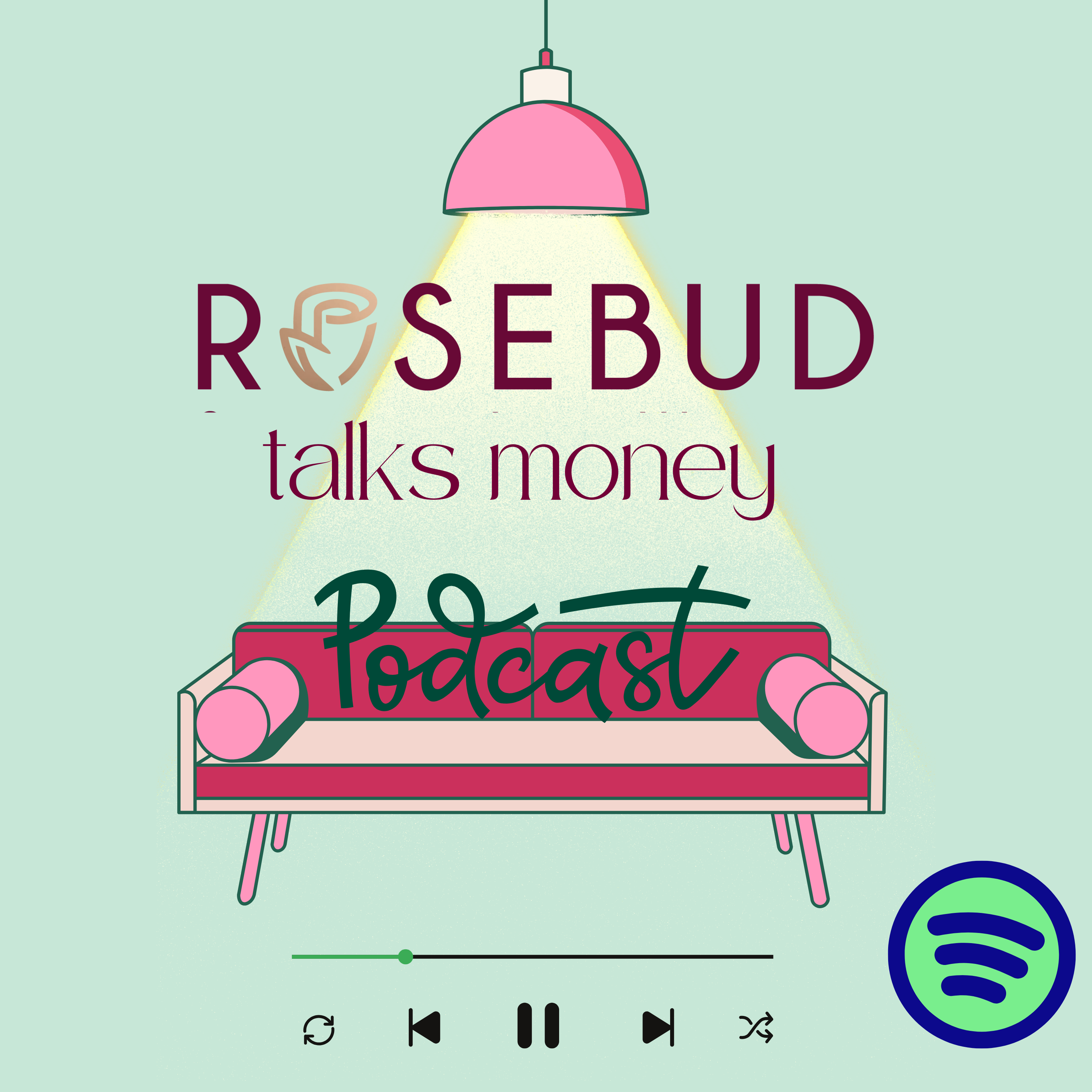 3Rosebud Talks Money podcast logo featuring a pink and mint illustration with microphone and text.